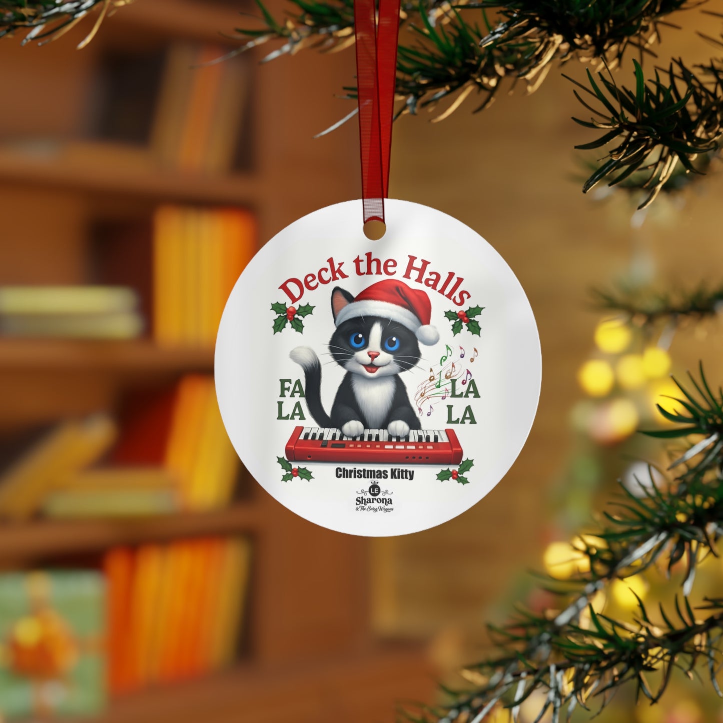 "Christmas Kitty" plays "Deck the Halls"| 3.5 inch round Metal Ornament