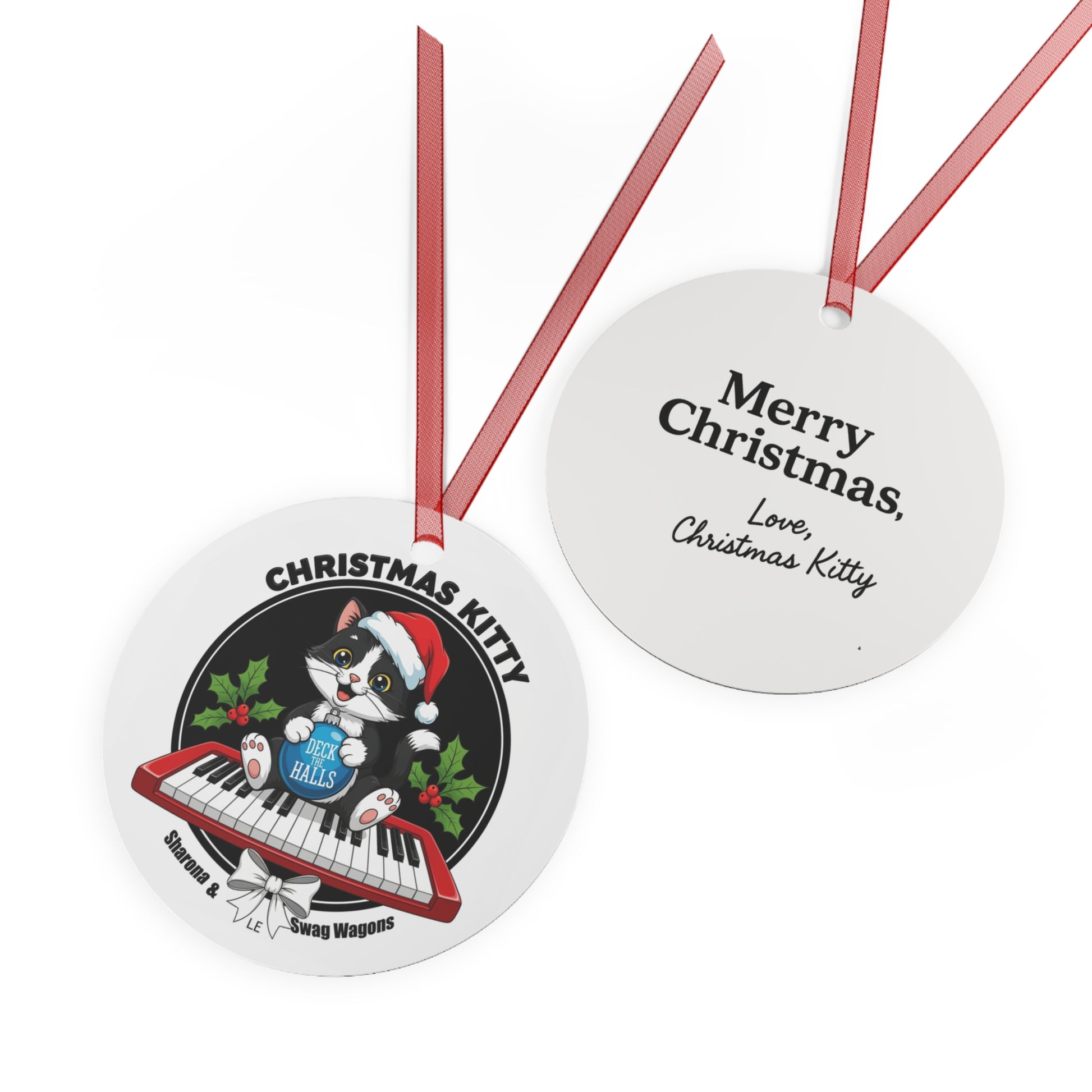 "Christmas Kitty" on Red Keyboard playing "Deck the Halls" 3.5 inch round ornament