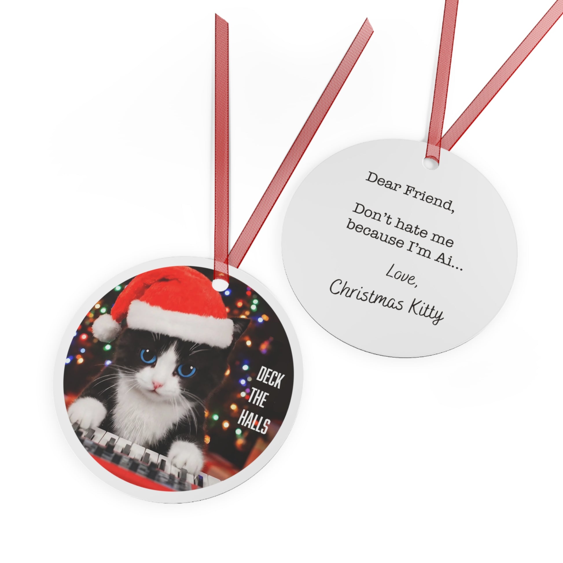 Christmas Kitty Metal Ornament — Cute Cat in Santa Hat with 'Dear Friend, Don't hate me because I'm AI... Love, Christmas Kitty' Message