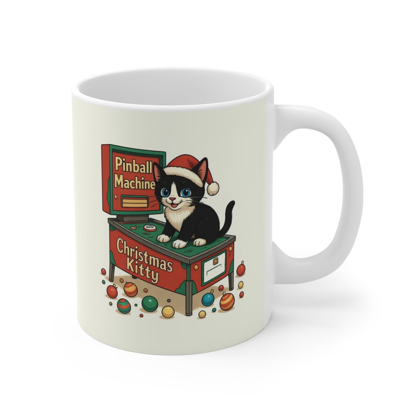 "Christmas Kitty" 11 oz. mug with Kitty on Vintage Pinball Machine
