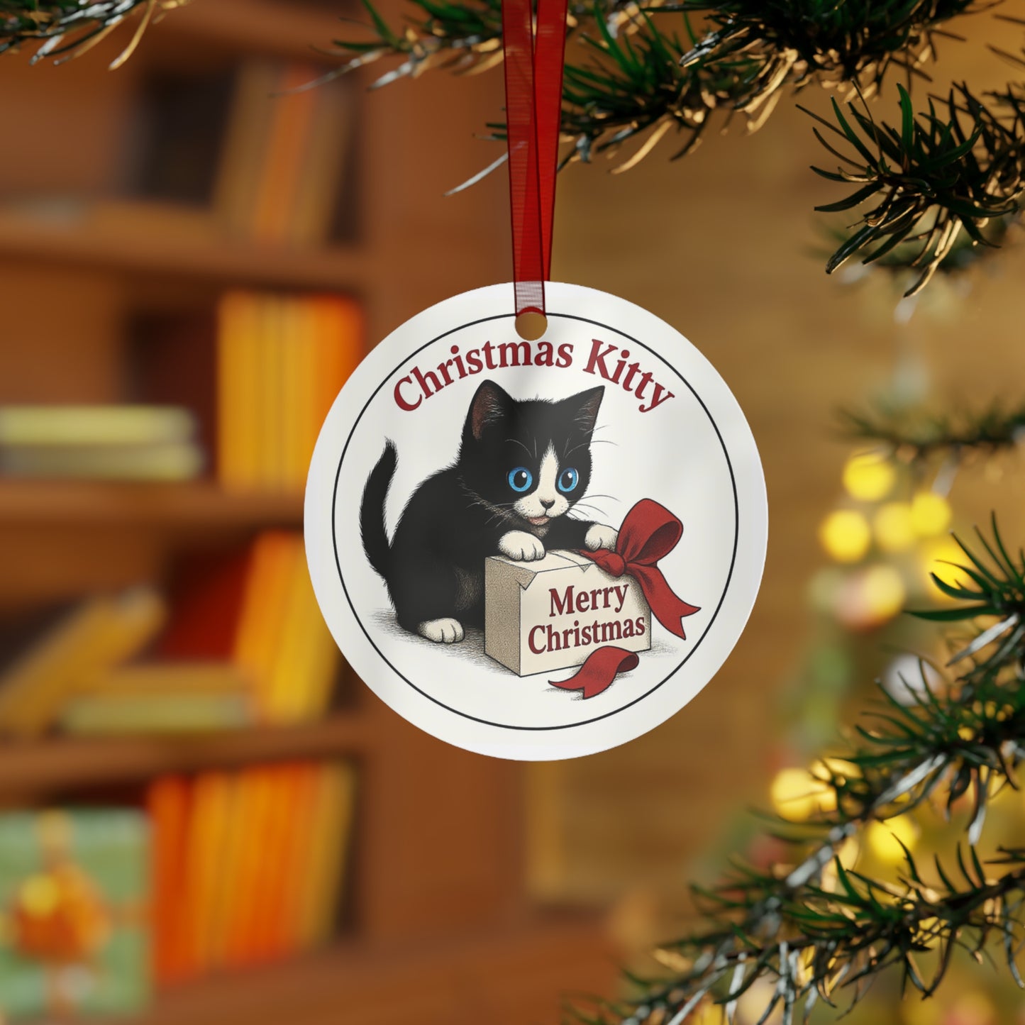 "Christmas Kitty" is "unboxing" a package!  3.5 inch Ornament from Song Lyric Collection