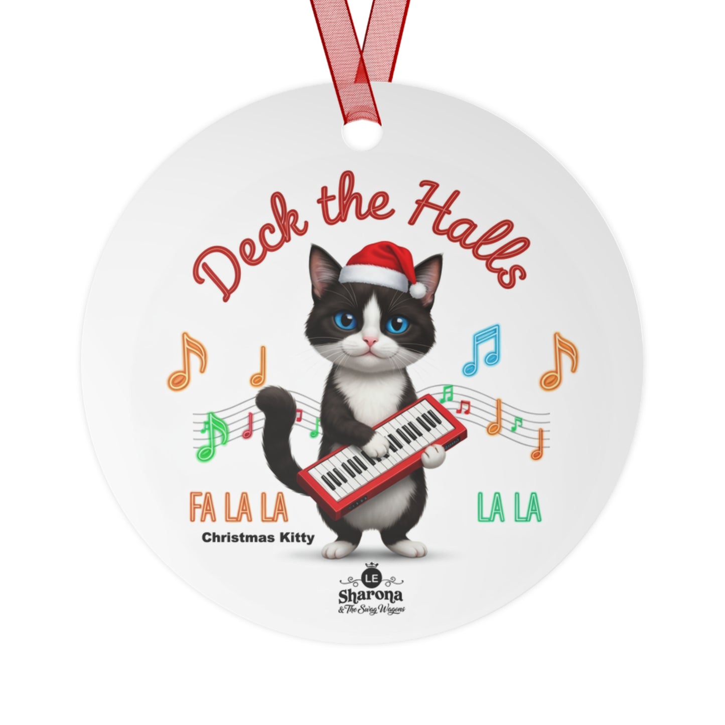 "Christmas Kitty" playing "Deck the Halls" on Red Synthesizer, 3.5 inch round Metal Ornament | "Christmas Kitty"