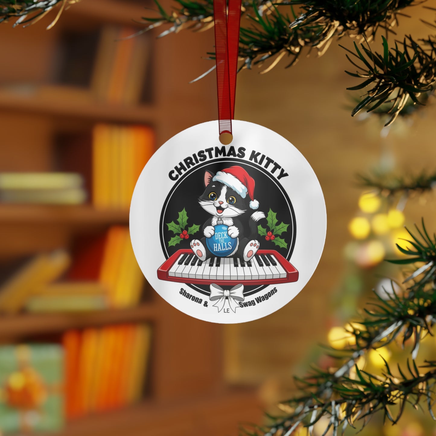 "Christmas Kitty" on Red Keyboard playing "Deck the Halls" 3.5 inch round ornament