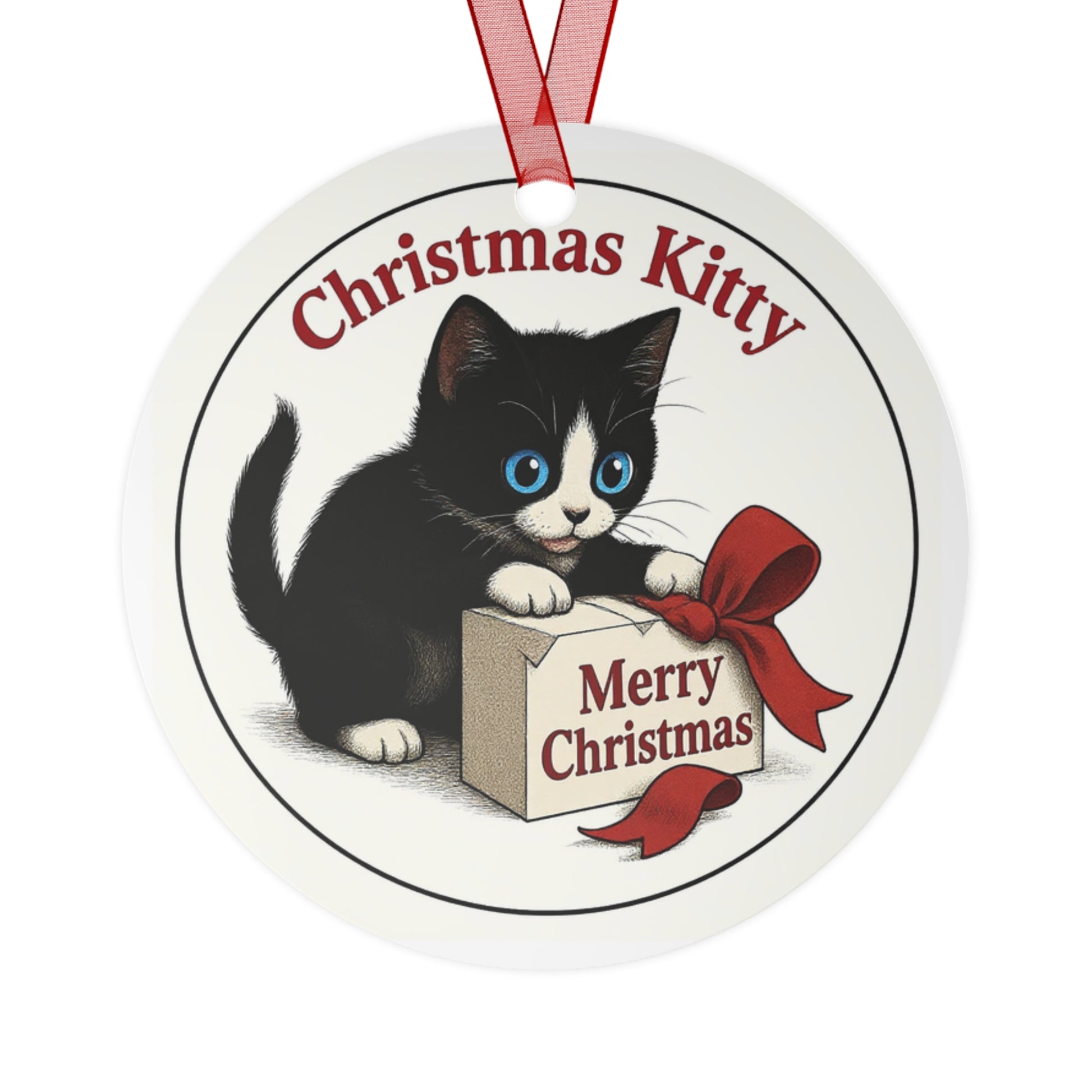 "Christmas Kitty" is "unboxing" a package!  3.5 inch Ornament from Song Lyric Collection
