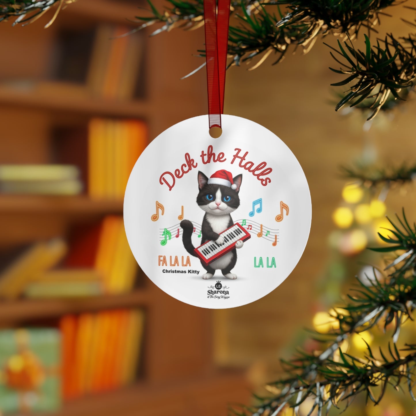 "Christmas Kitty" playing "Deck the Halls" on Red Synthesizer, 3.5 inch round Metal Ornament | "Christmas Kitty"