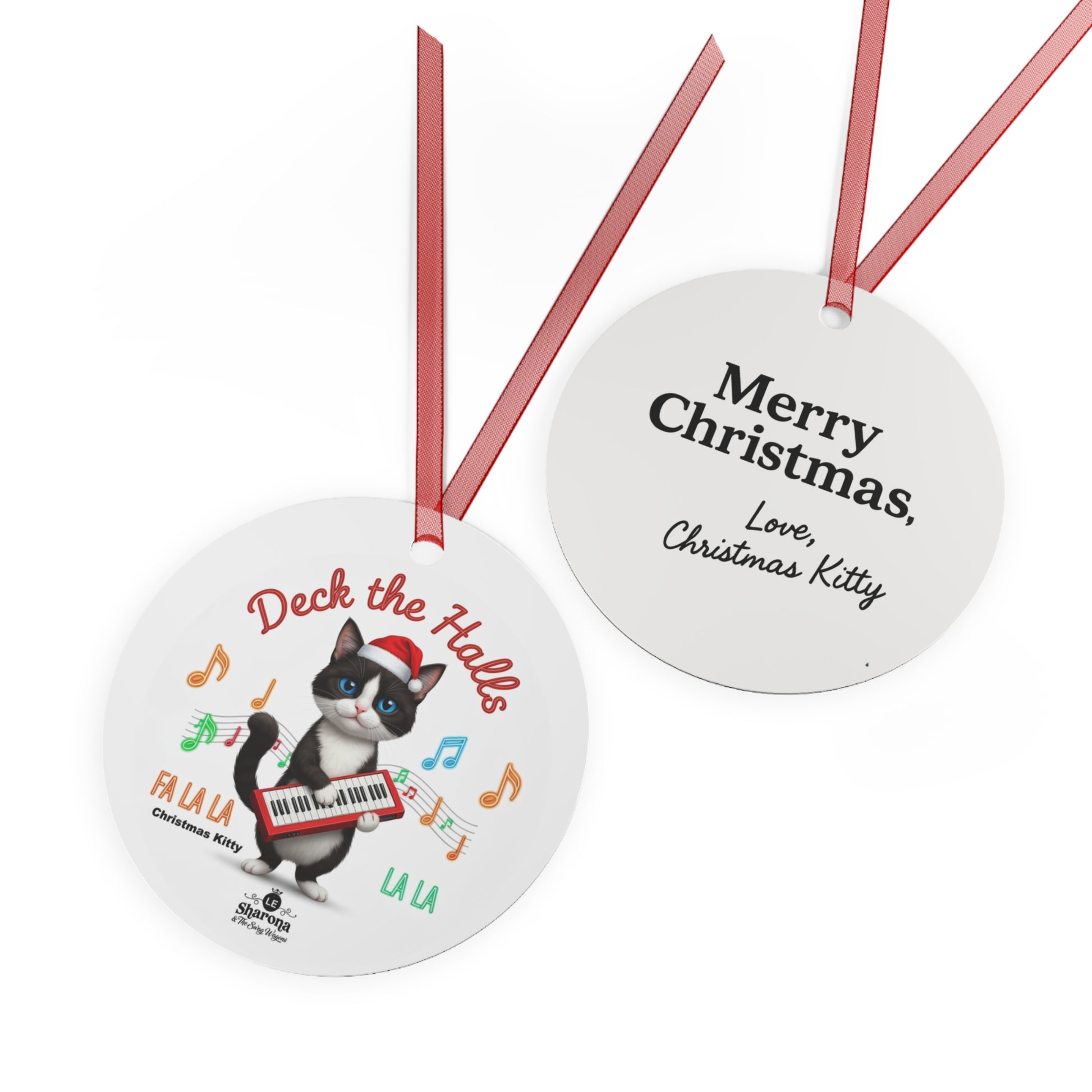 "Christmas Kitty" playing "Deck the Halls" on Red Synthesizer, 3.5 inch round Metal Ornament | "Christmas Kitty"