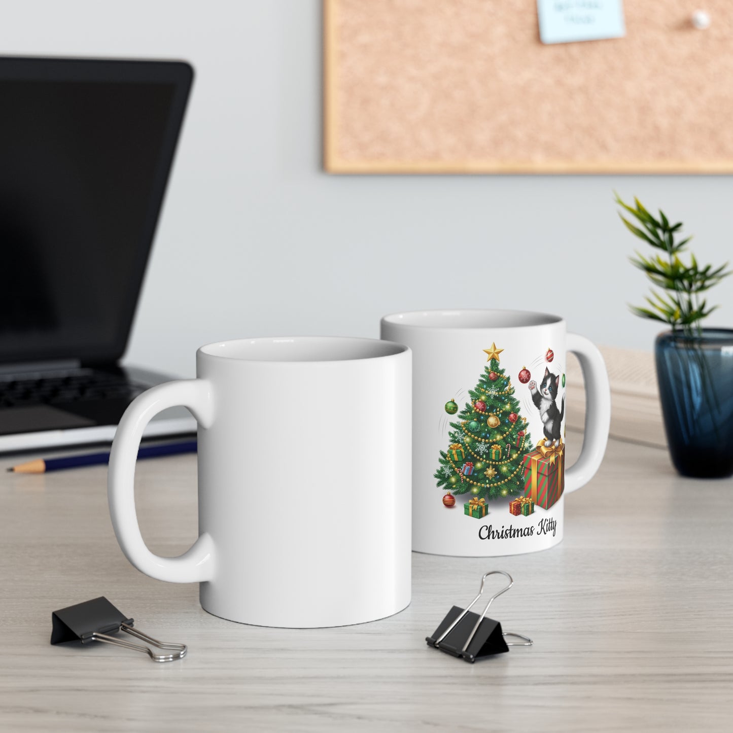"Christmas Kitty" with flying ornaments 11 oz. Mug from Lyrics Collection