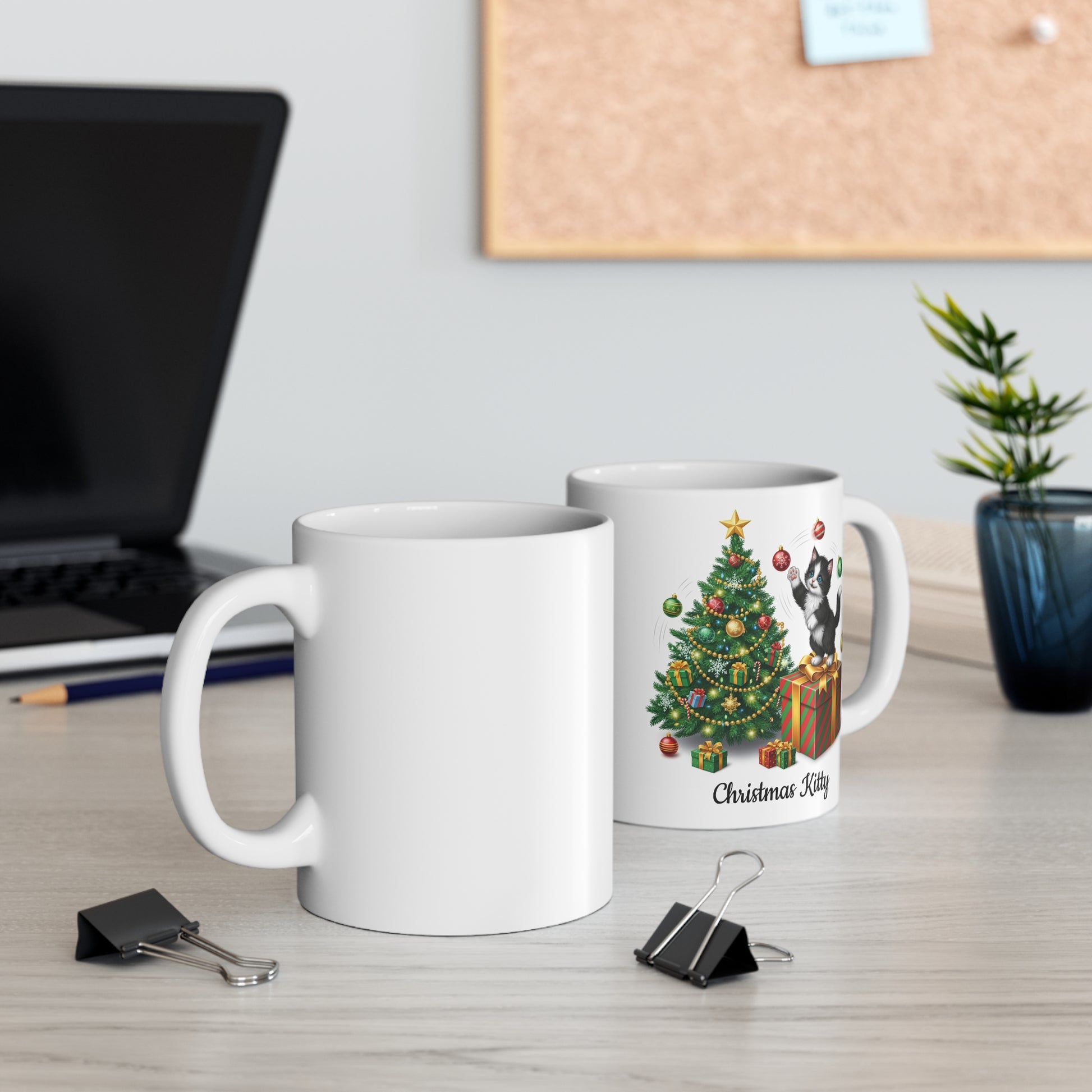 "Christmas Kitty" with flying ornaments 11 oz. Mug from Lyrics Collection