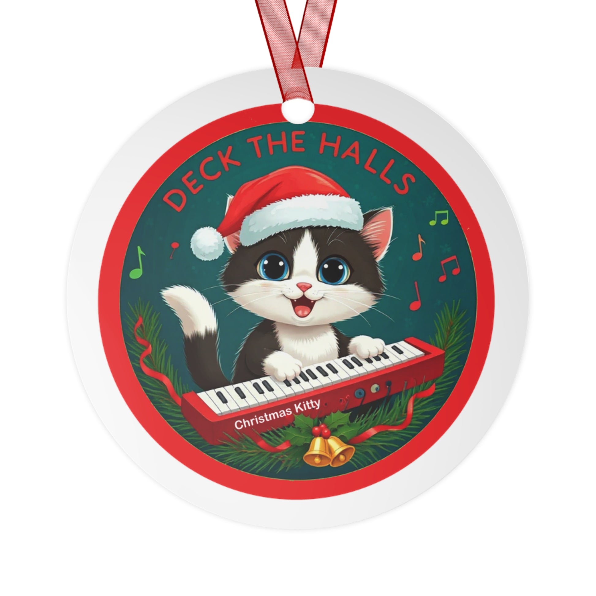 Christmas Kitty playing red Synthesizer—"Deck the Halls" 3.5" Ornament, Personalized "Merry Christmas, Love Christmas Kitty"