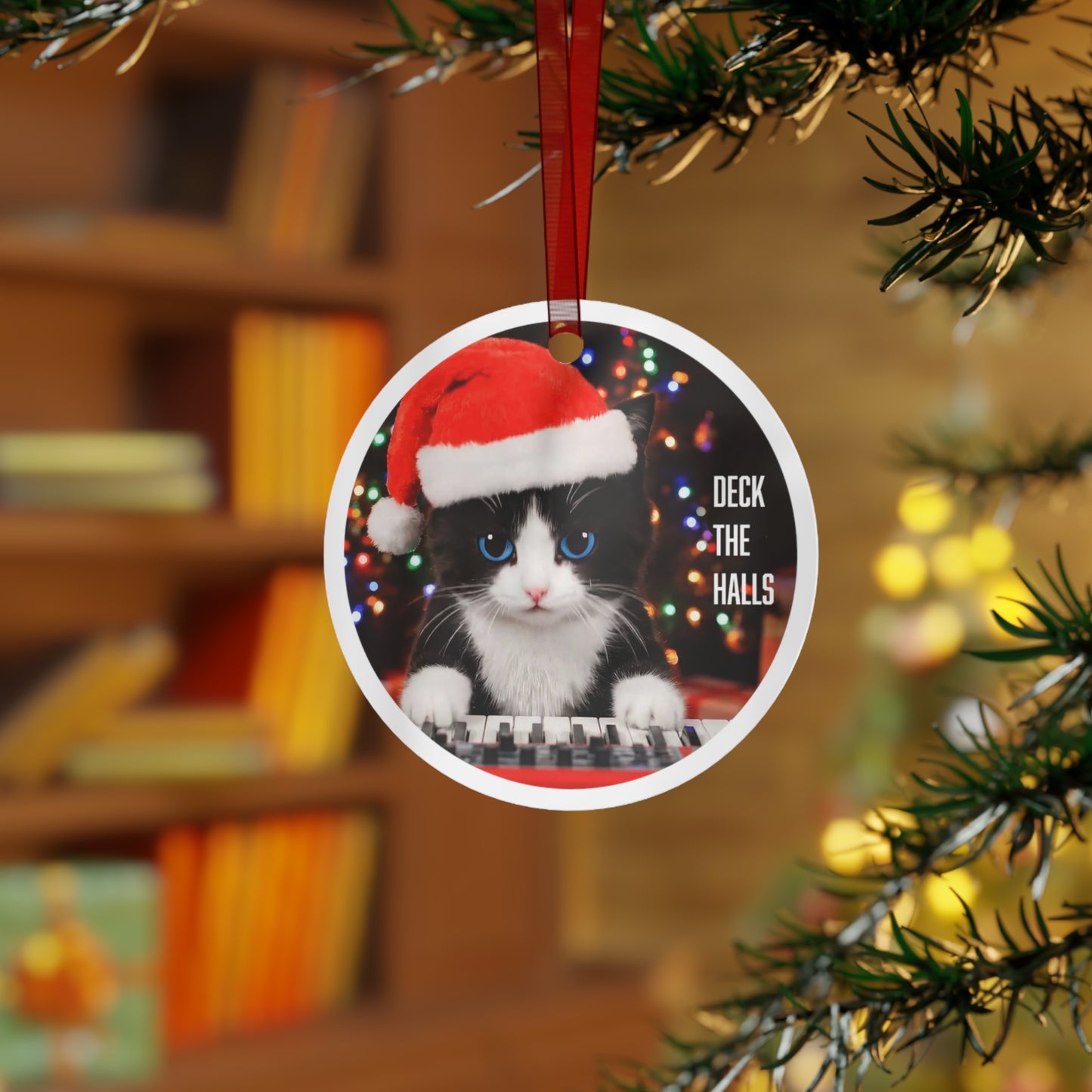 Christmas Kitty Metal Ornament — Cute Cat in Santa Hat with 'Dear Friend, Don't hate me because I'm AI... Love, Christmas Kitty' Message