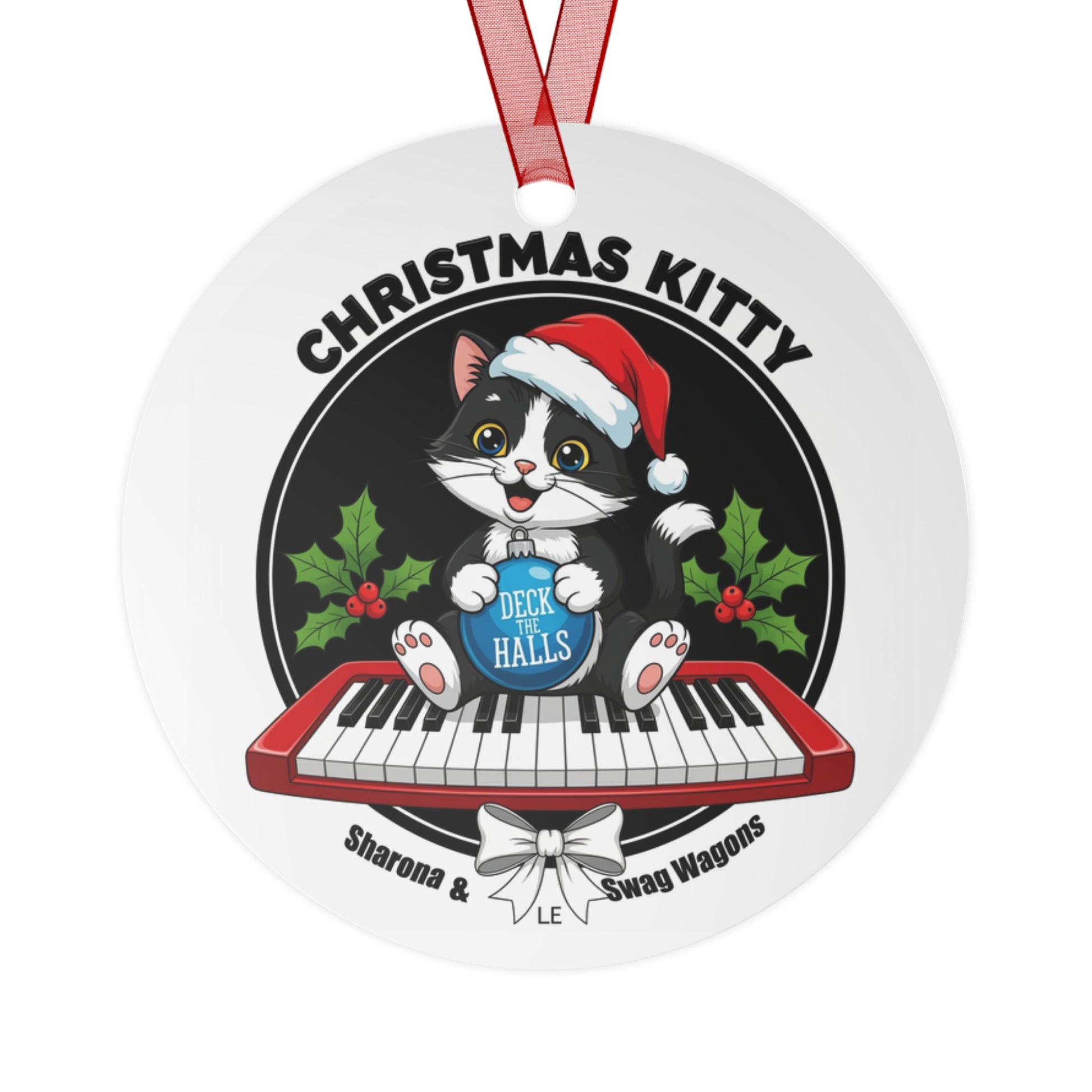 "Christmas Kitty" on Red Keyboard playing "Deck the Halls" 3.5 inch round ornament