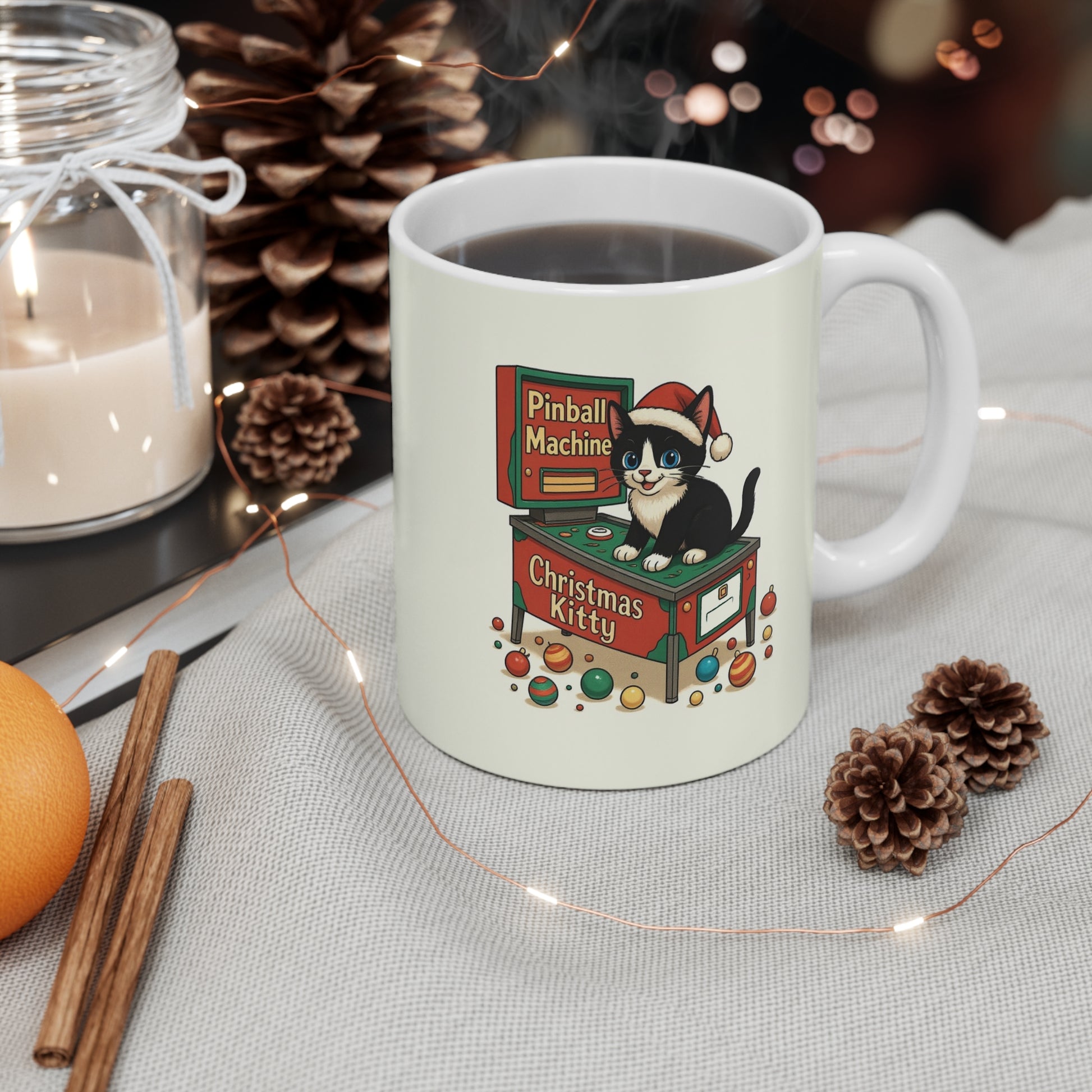 "Christmas Kitty" 11 oz. mug with Kitty on Vintage Pinball Machine