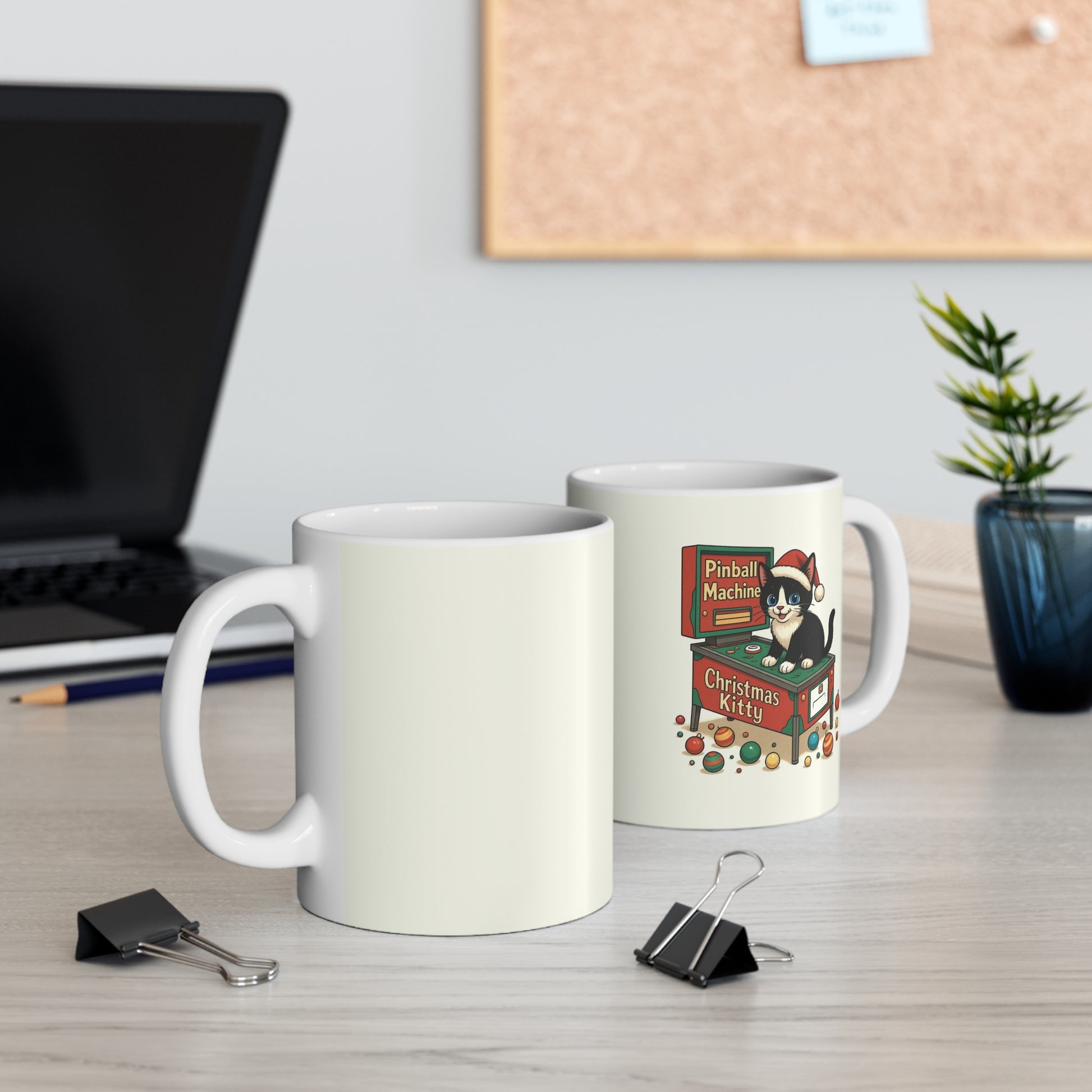 "Christmas Kitty" 11 oz. mug with Kitty on Vintage Pinball Machine