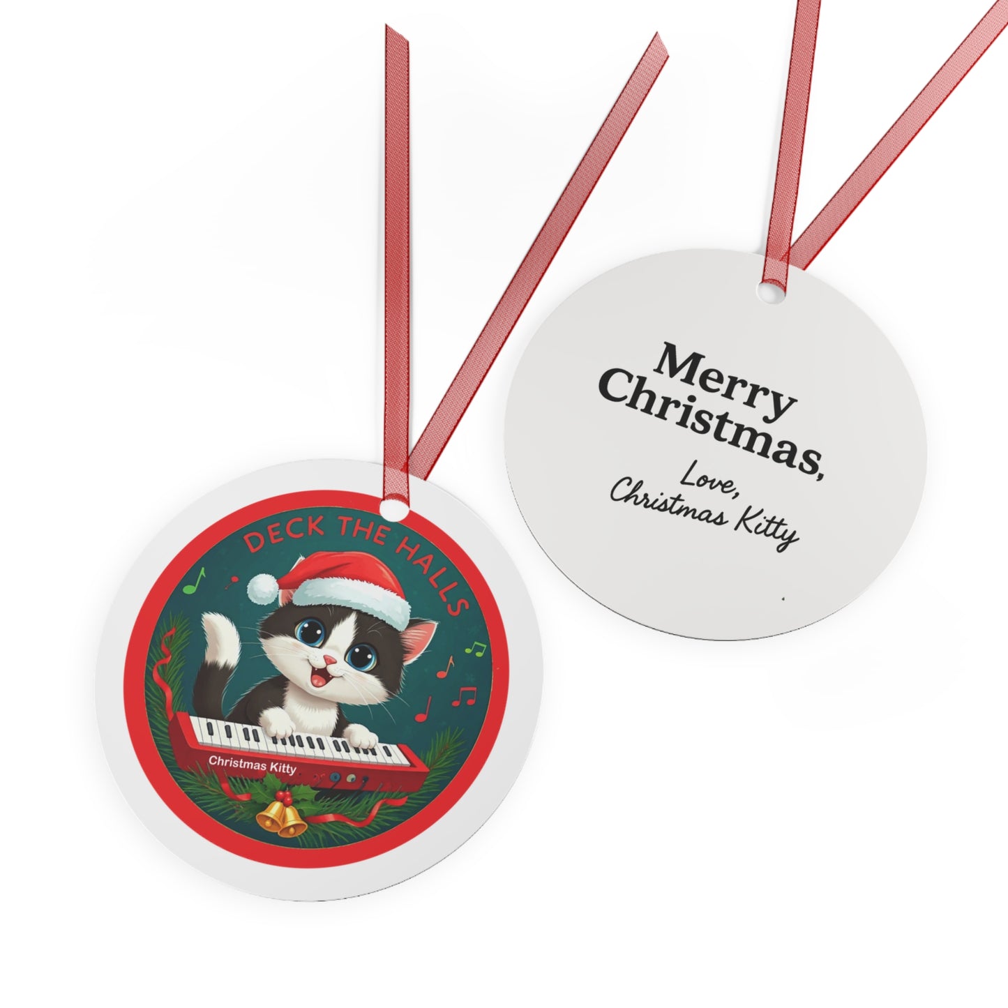 Christmas Kitty playing red Synthesizer—"Deck the Halls" 3.5" Ornament, Personalized "Merry Christmas, Love Christmas Kitty"