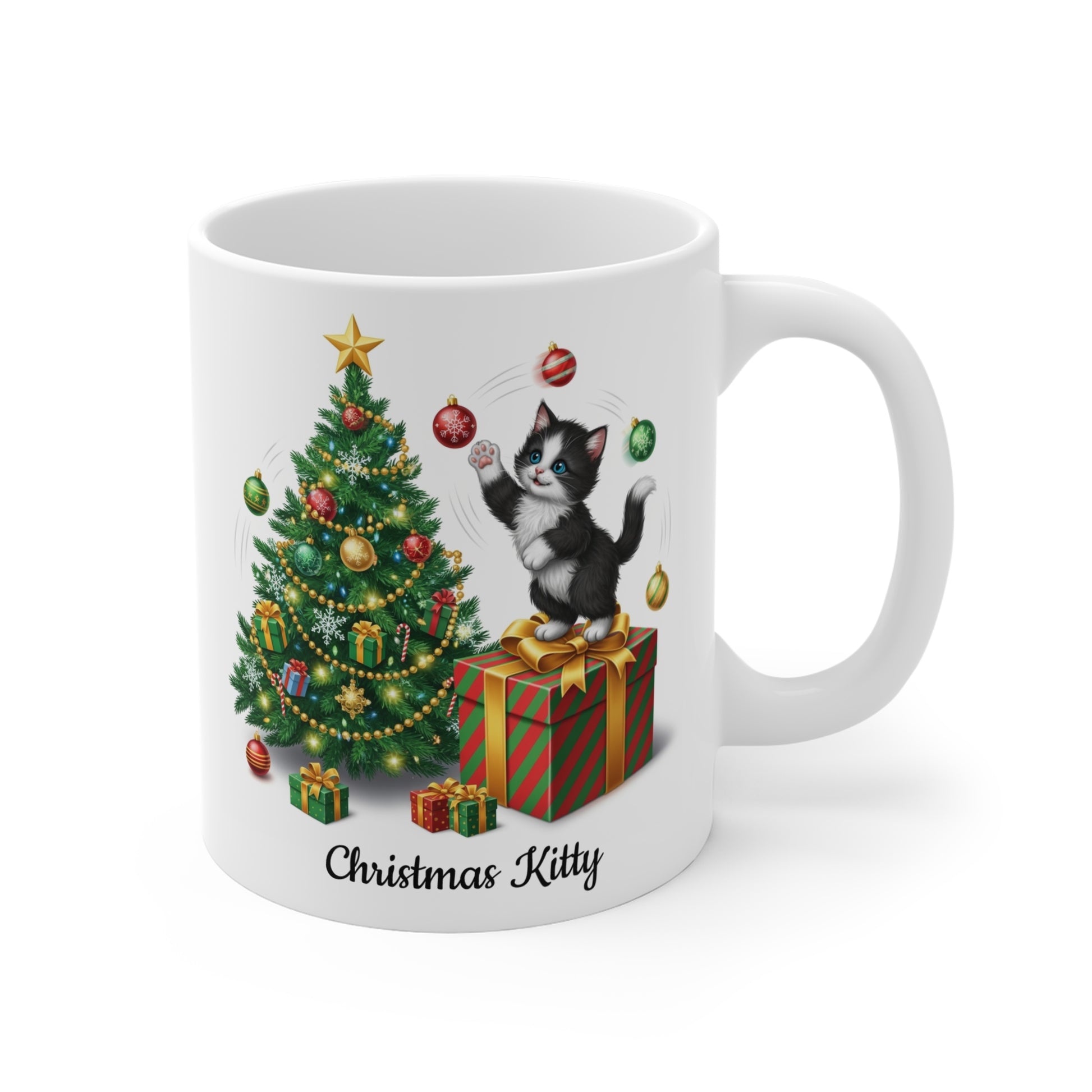 "Christmas Kitty" with flying ornaments 11 oz. Mug from Lyrics Collection